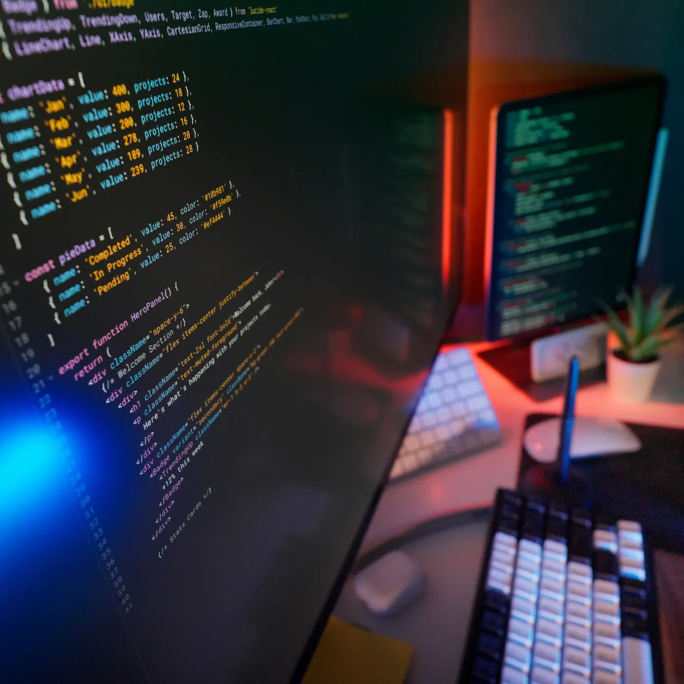 Source code displayed on monitors